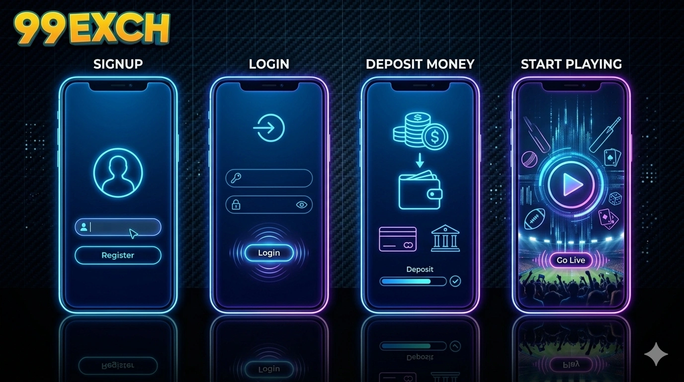 99Exch app steps process showing signup login deposit and betting