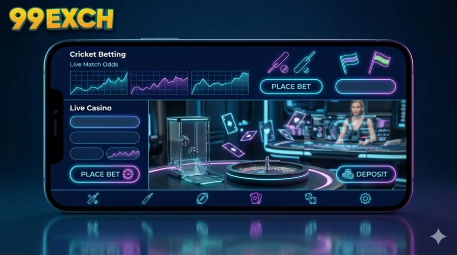 About 99Exch app - about us image showing online betting platform interface with cricket betting and casino features on mobile